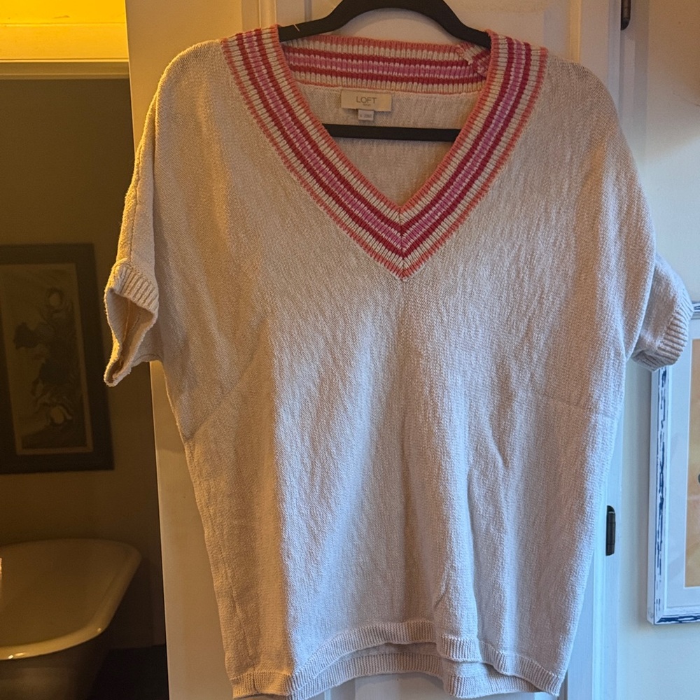LOFT Cream Sweater with Pink V-Neck Accents